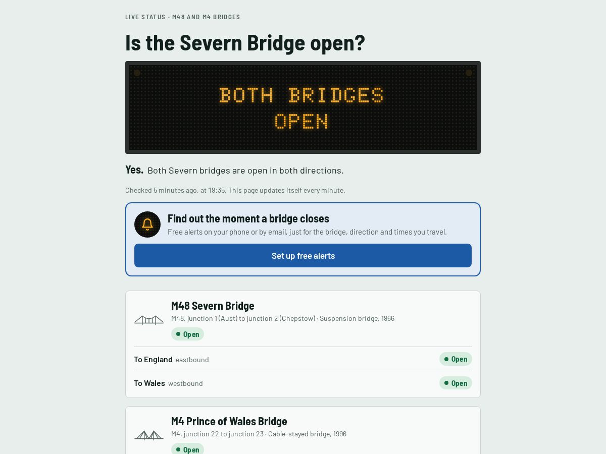 Landing-page snapshot of severnbridgestatus.com