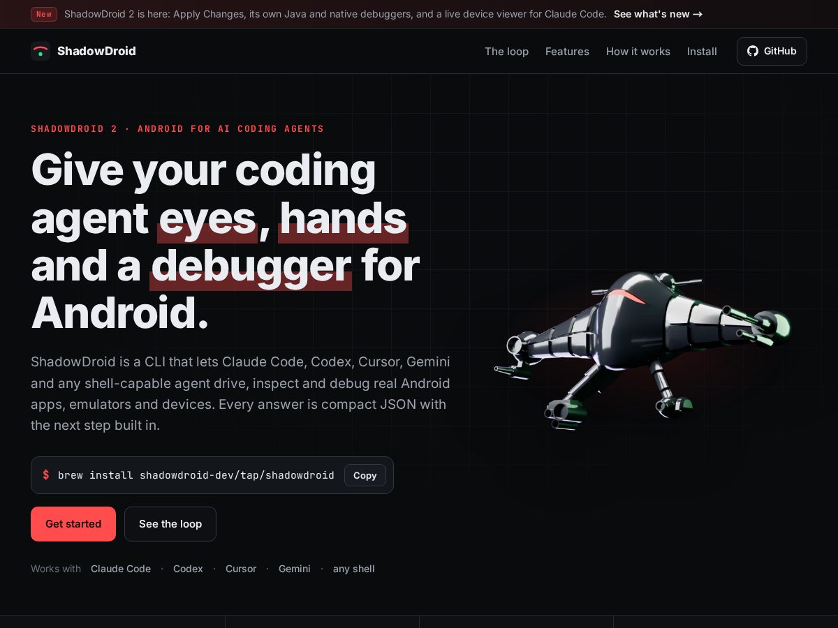 Landing-page snapshot of shadowdroid.dev