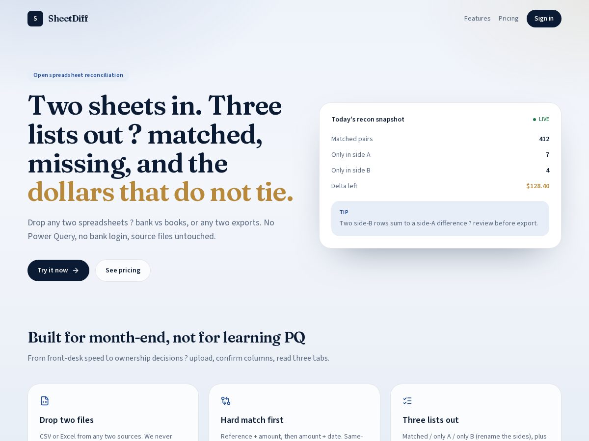 Landing-page snapshot of sheetsdiff.com
