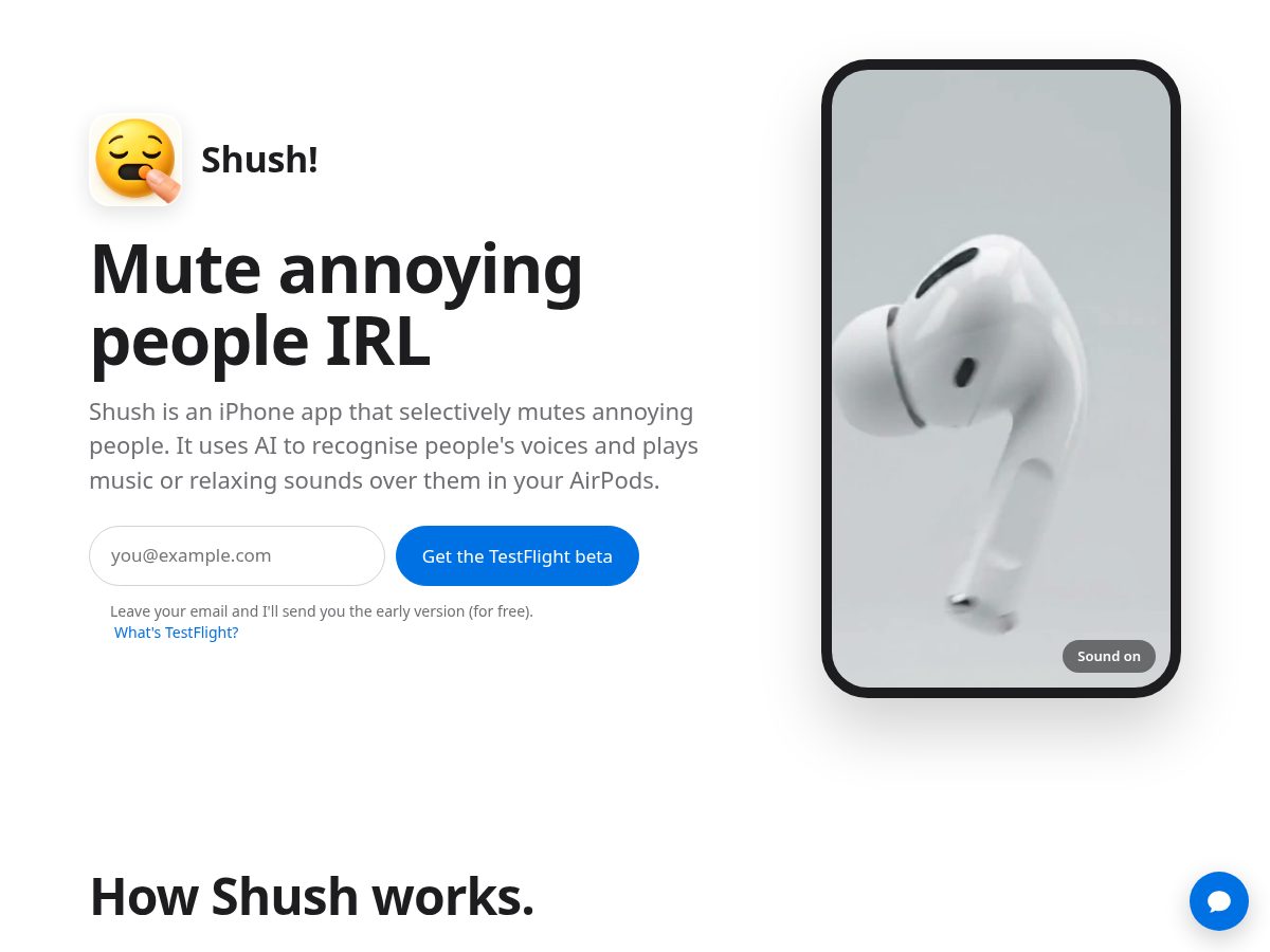 Landing-page snapshot of shush.cool