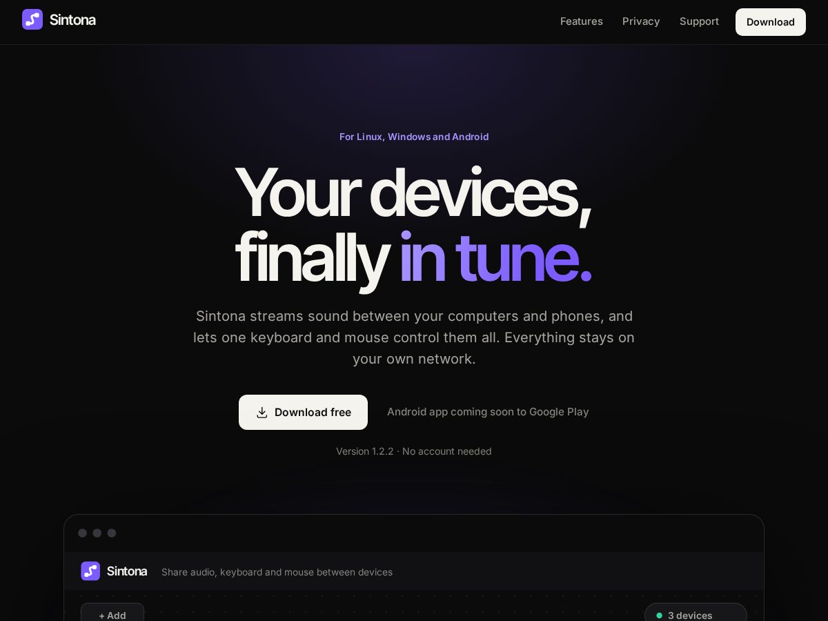Landing-page snapshot of sintona.app