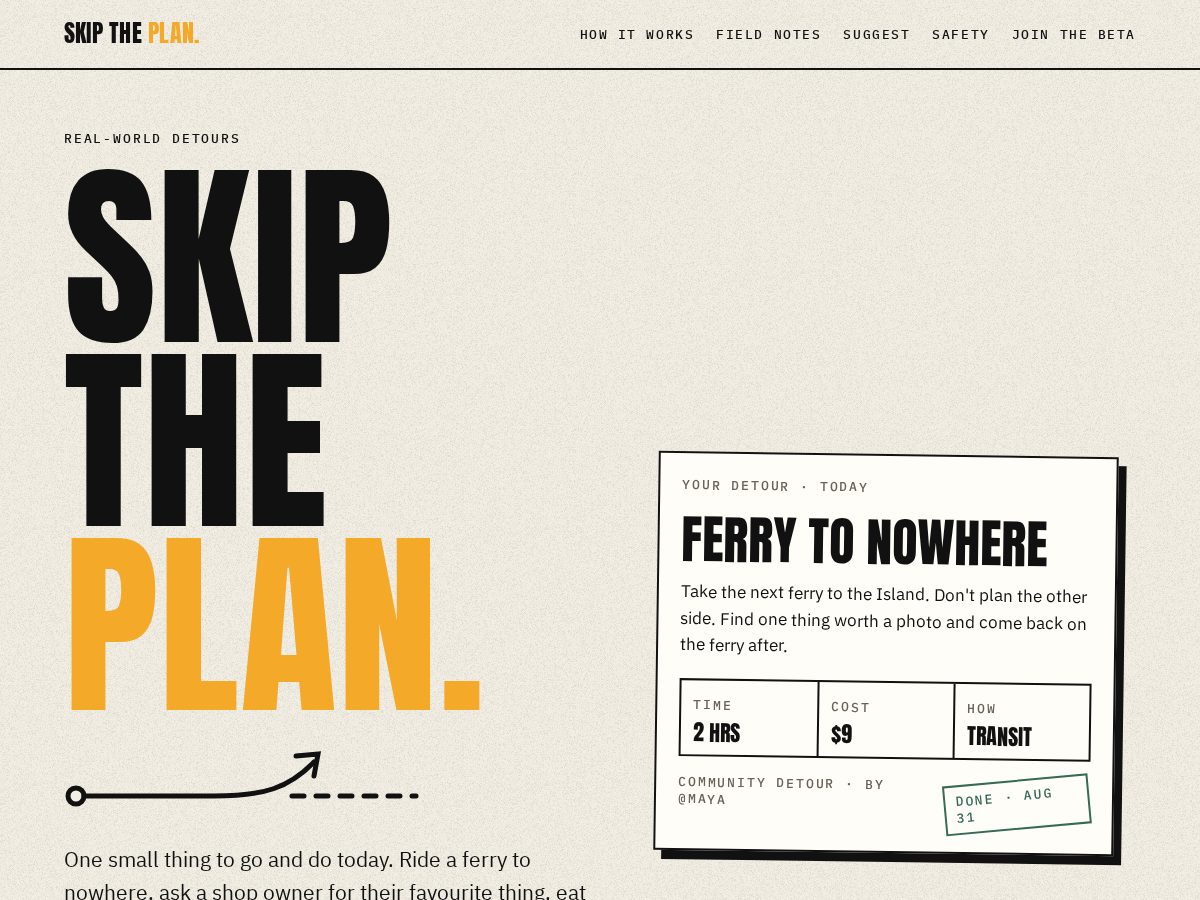 Landing-page snapshot of skiptheplan.app