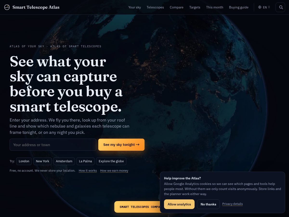 Landing-page snapshot of smarttelescopeatlas.com