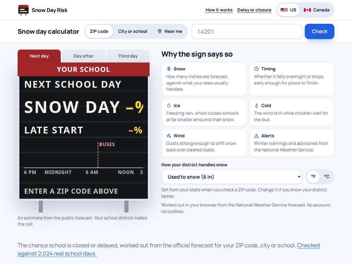 Landing-page snapshot of snowdayrisk.com