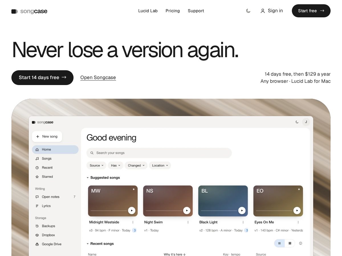 Landing-page snapshot of songcase.app