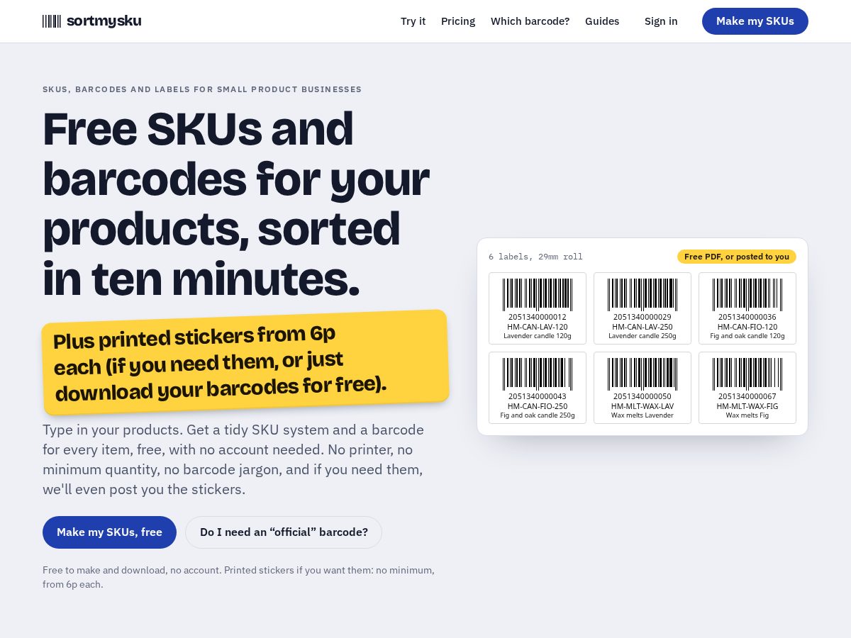 Landing-page snapshot of sortmysku.com