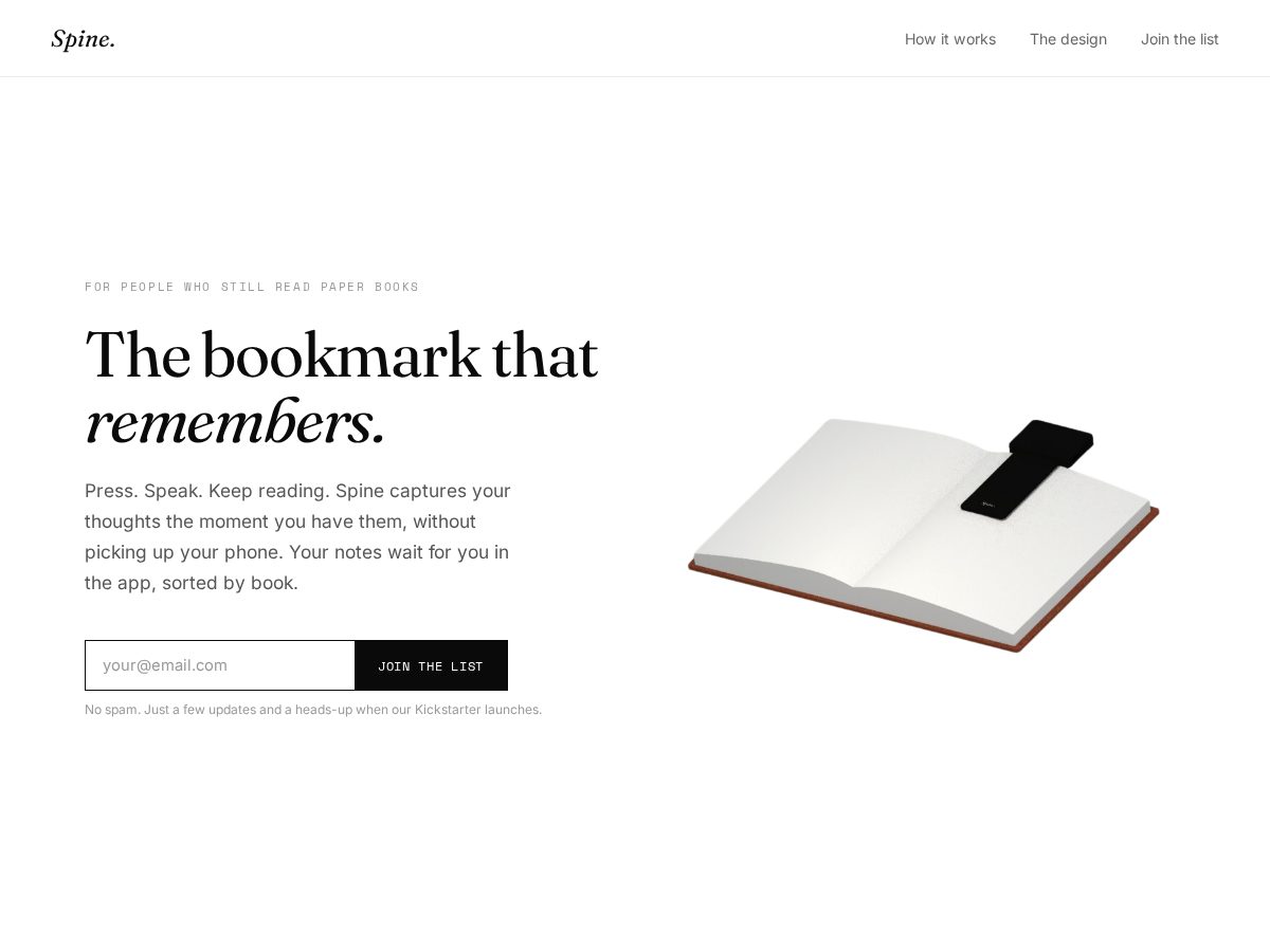 Landing-page snapshot of spinebookmark.com