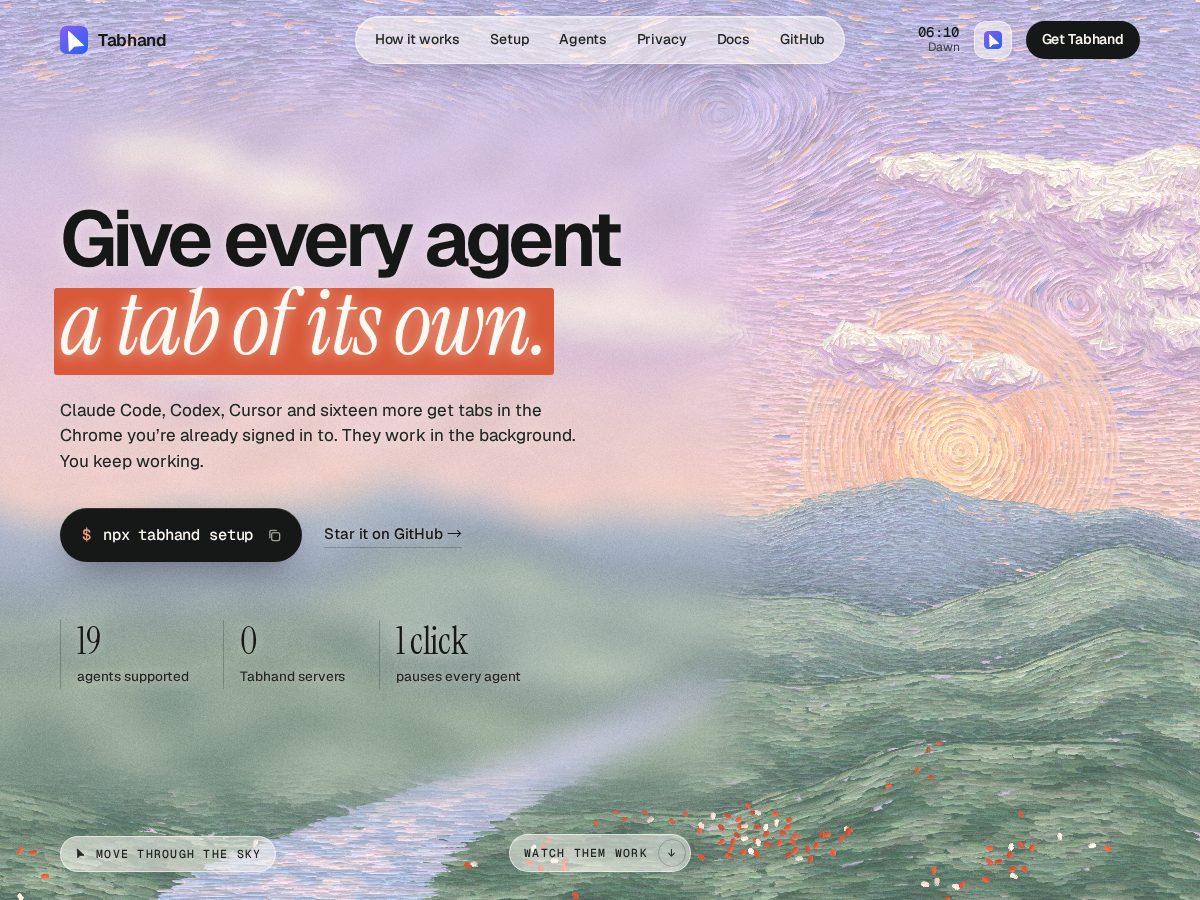 Landing-page snapshot of tabhand.dev