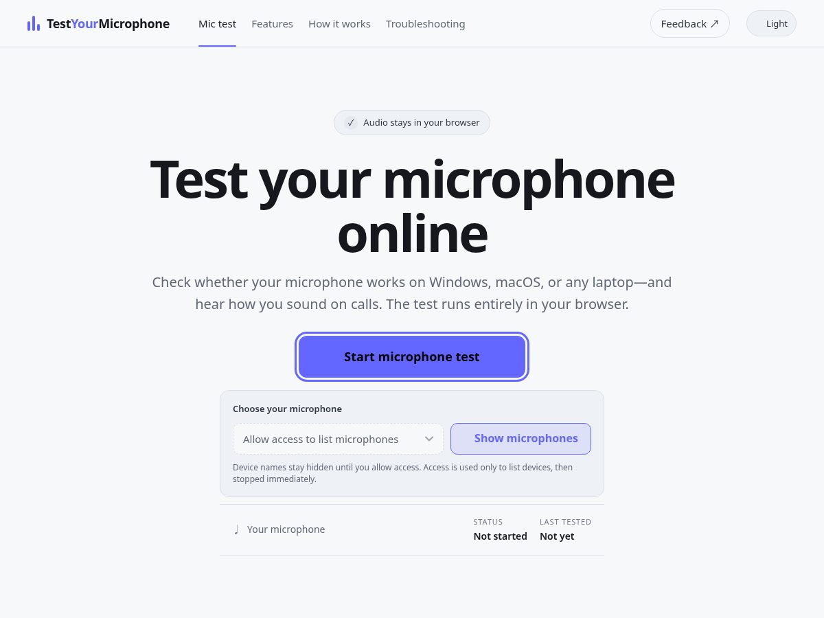 Landing-page snapshot of testyourmicrophone.com