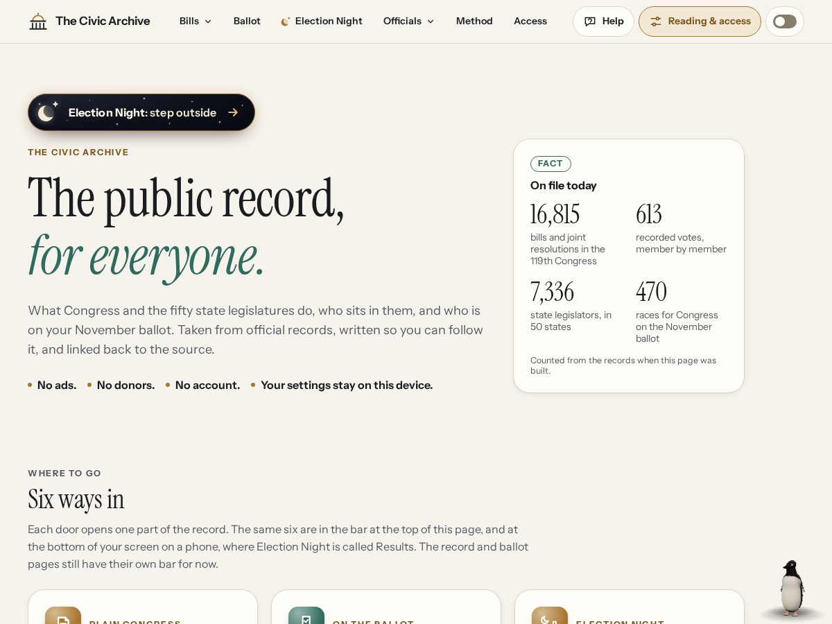 Landing-page snapshot of thecivicarchive.org