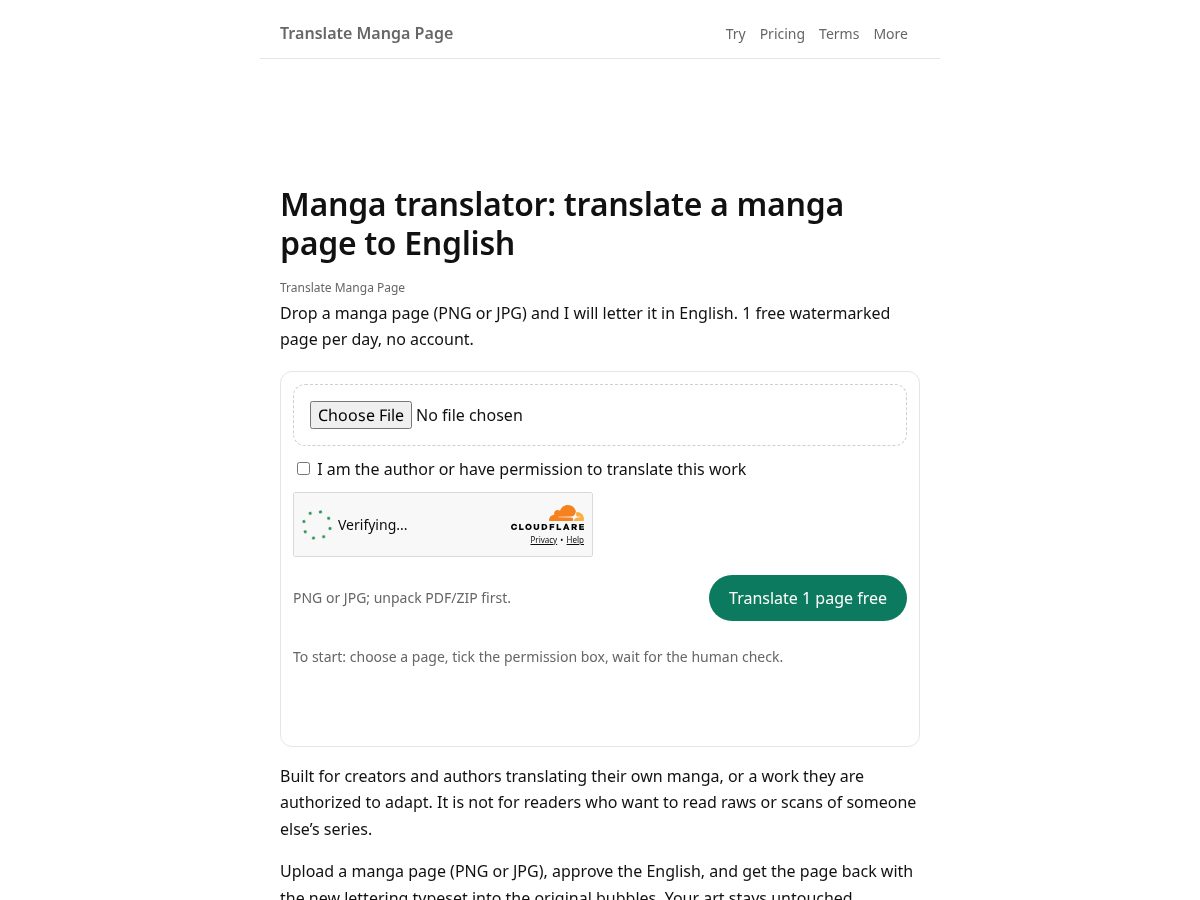 Landing-page snapshot of translatemangapage.com