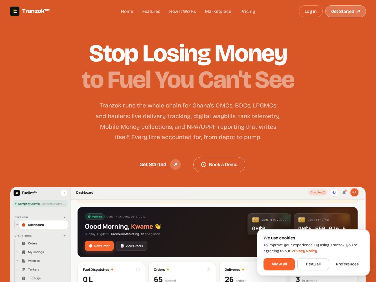 Landing-page snapshot of tranzok.com