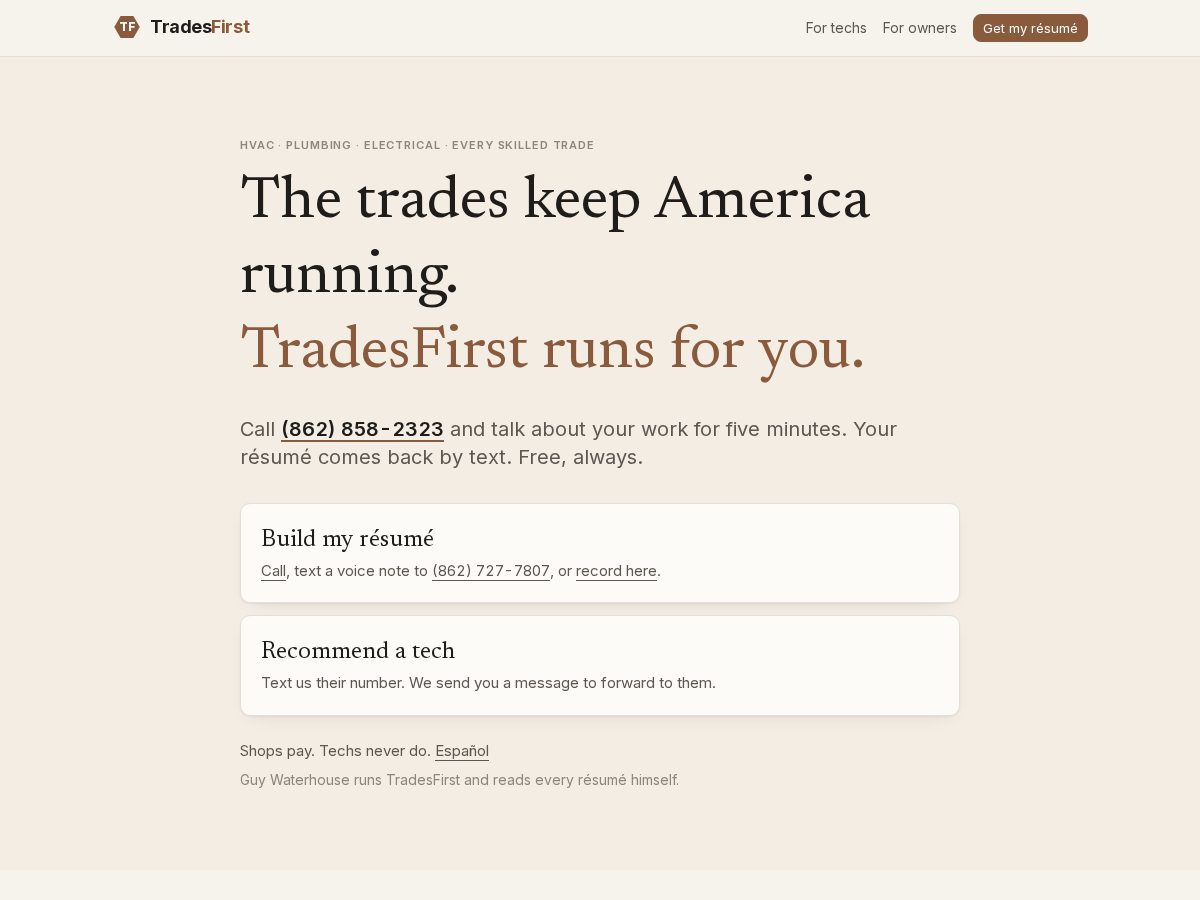 Landing-page snapshot of trytradesfirst.com
