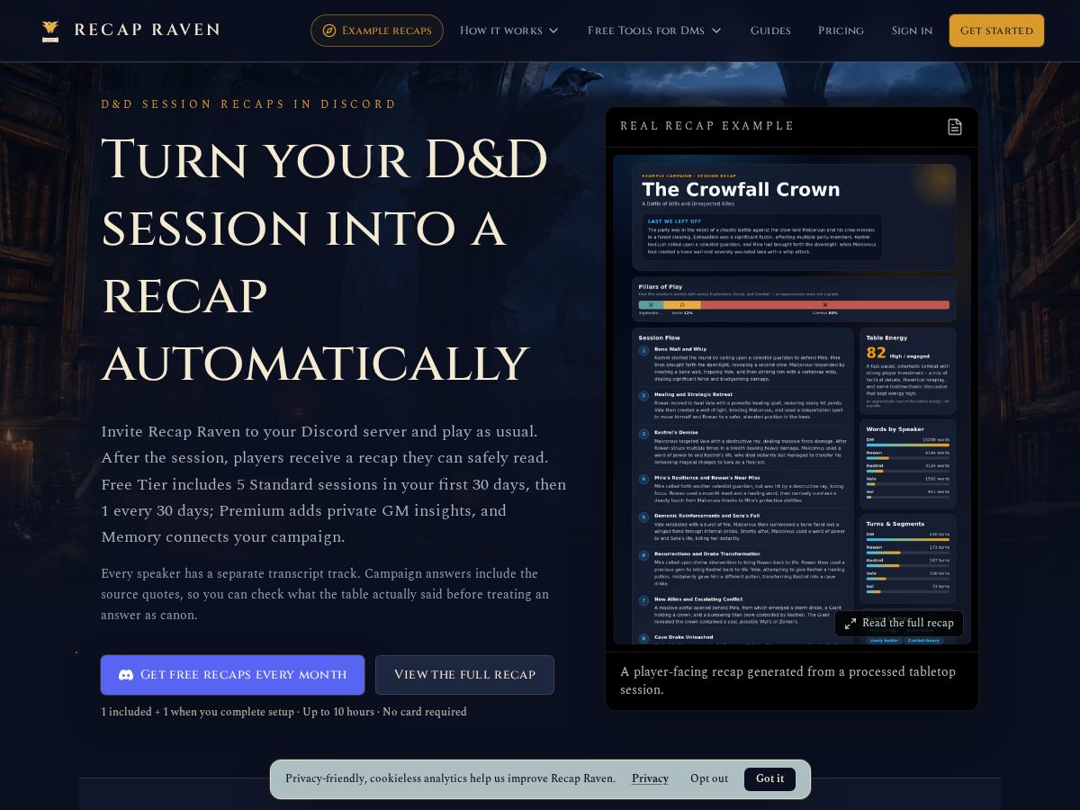 Landing-page snapshot of ttrpgsessionrecap.com