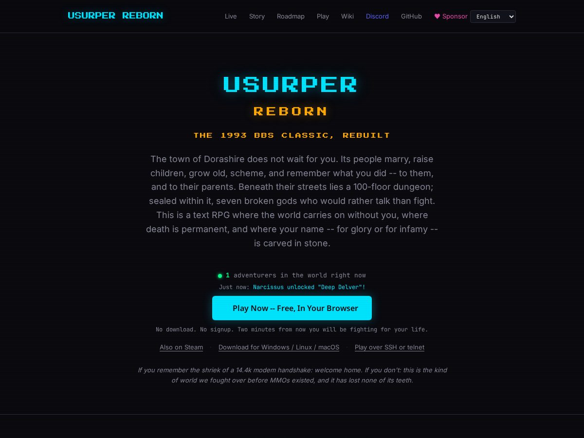 Landing-page snapshot of usurper-reborn.com