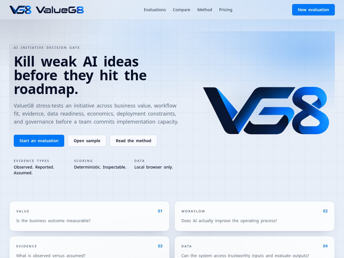 Landing-page snapshot of valueg8.com