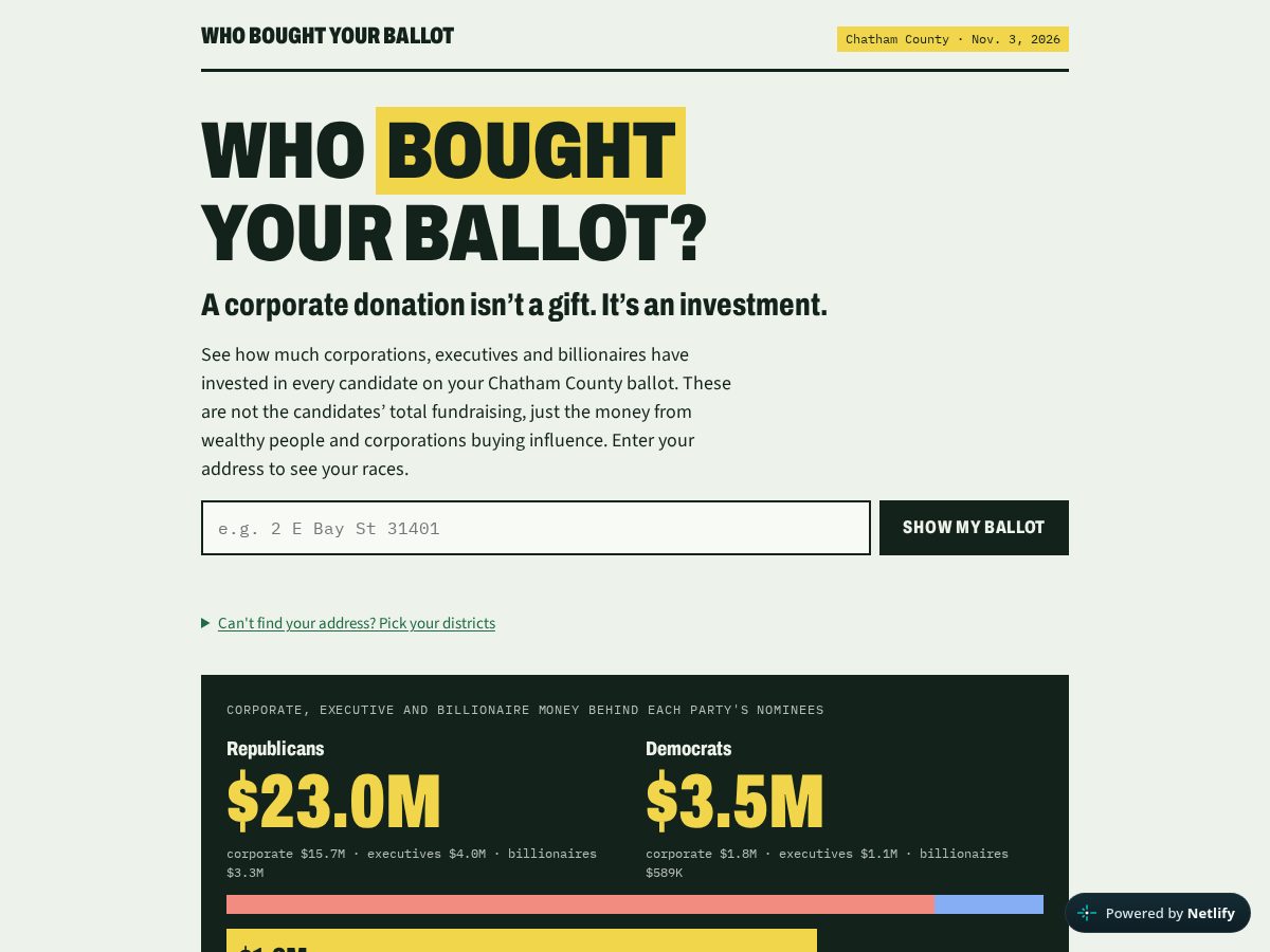 Landing-page snapshot of whoboughtyourballot.com
