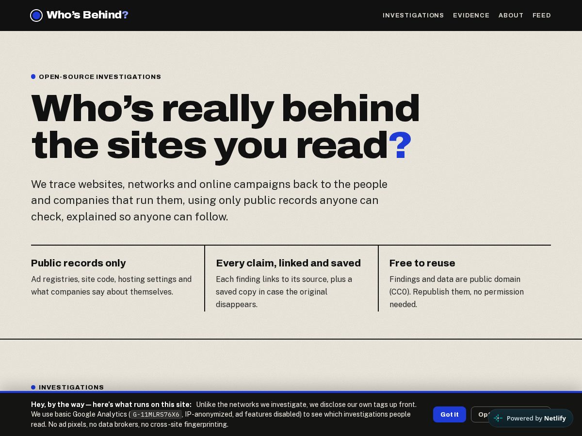 Landing-page snapshot of whosbehind.org