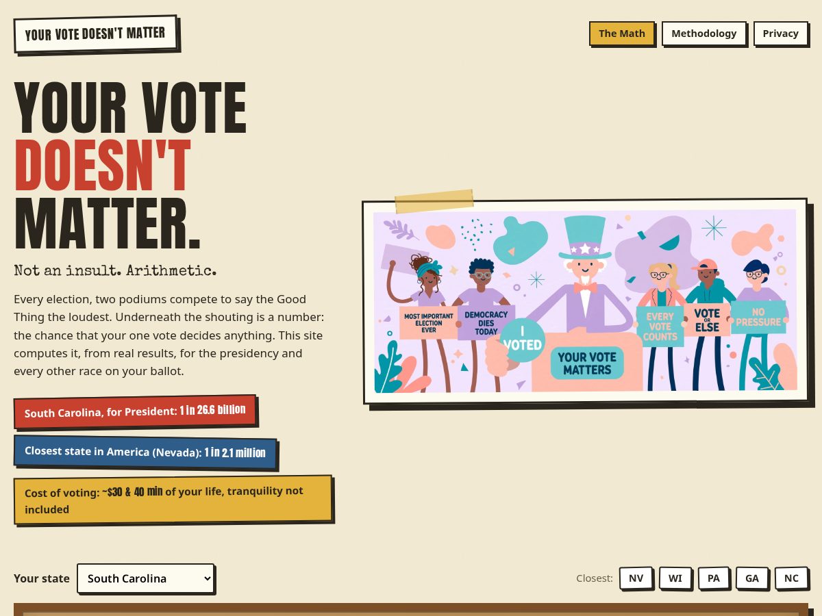 Landing-page snapshot of yourvotedoesntmatter.com