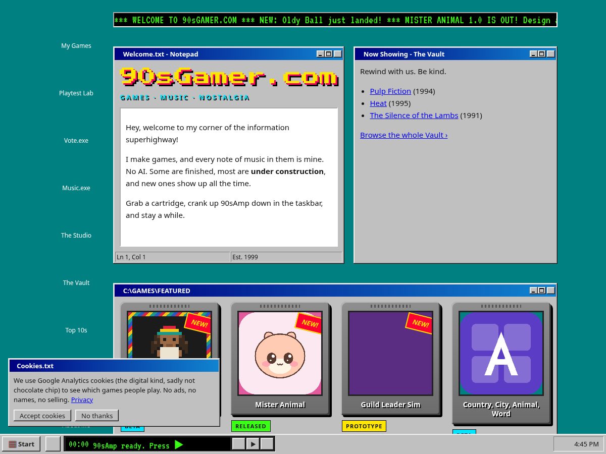 Landing-page snapshot of 90sgamer.com
