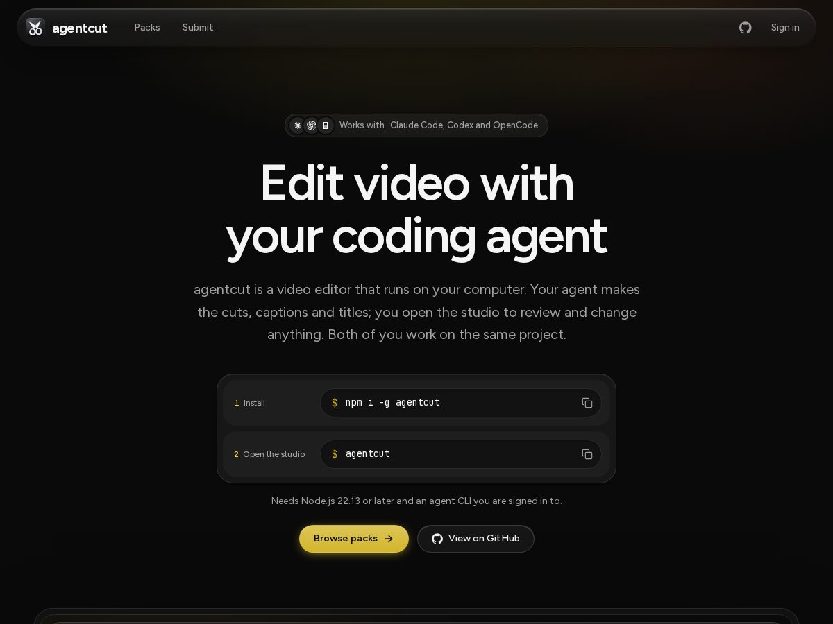 Landing-page snapshot of agentcut.studio