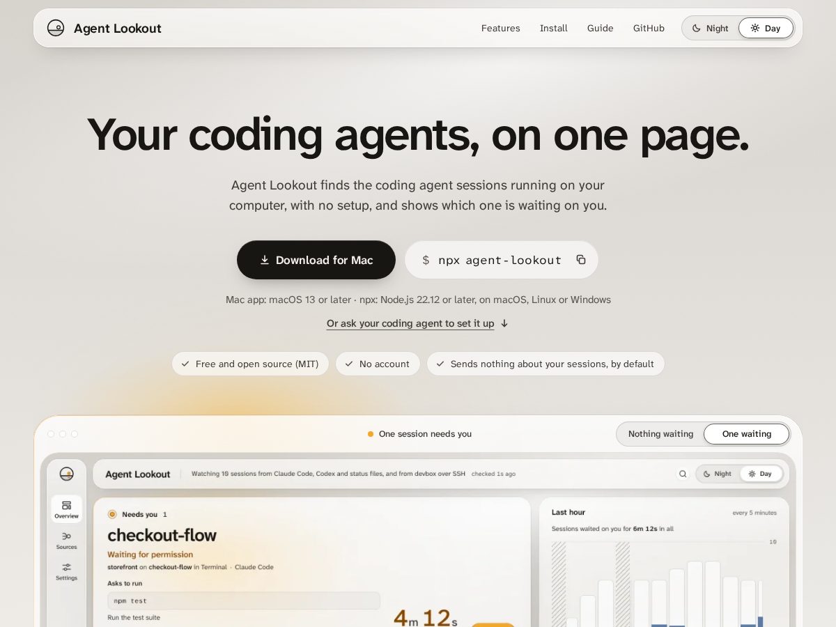 Landing-page snapshot of agentlookout.app
