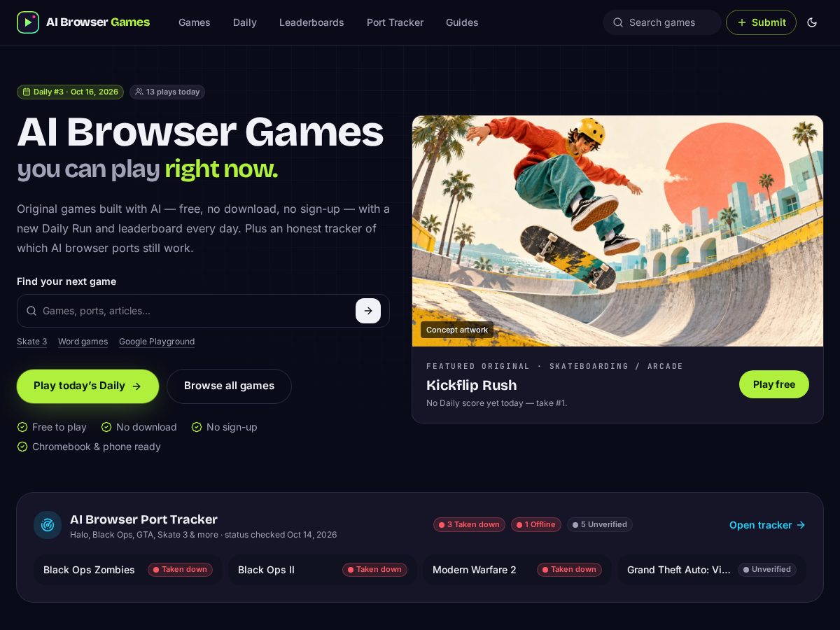 Landing-page snapshot of aibrowsergames.app