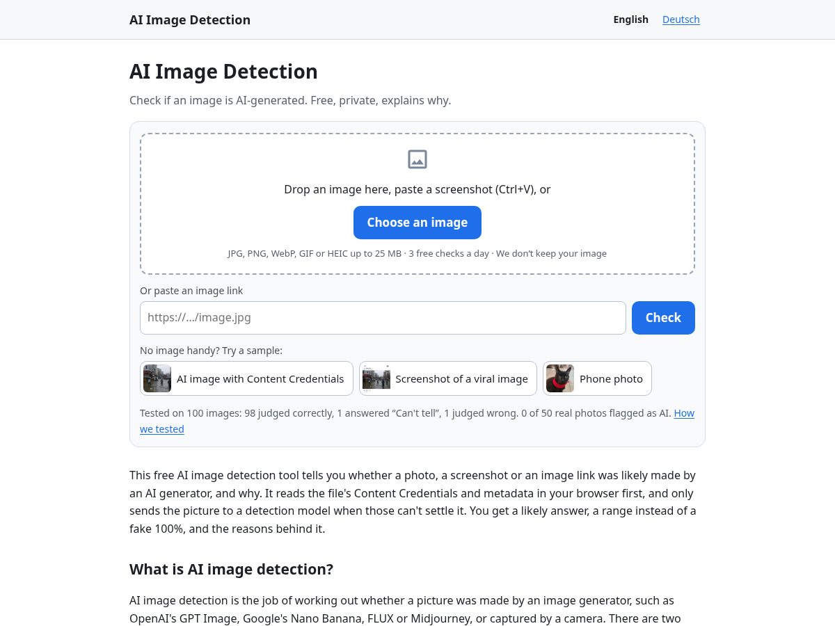 Landing-page snapshot of aiimagedetection.app