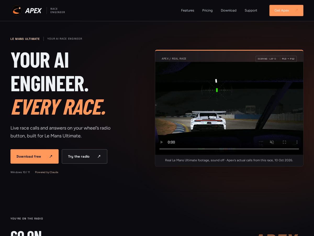 Landing-page snapshot of apexraceai.online