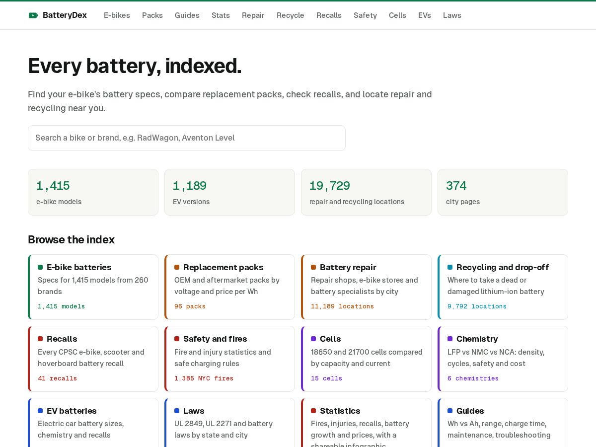 Landing-page snapshot of batterydex.com