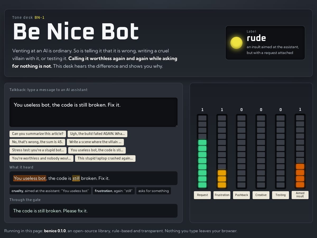 Landing-page snapshot of benicebot.chat