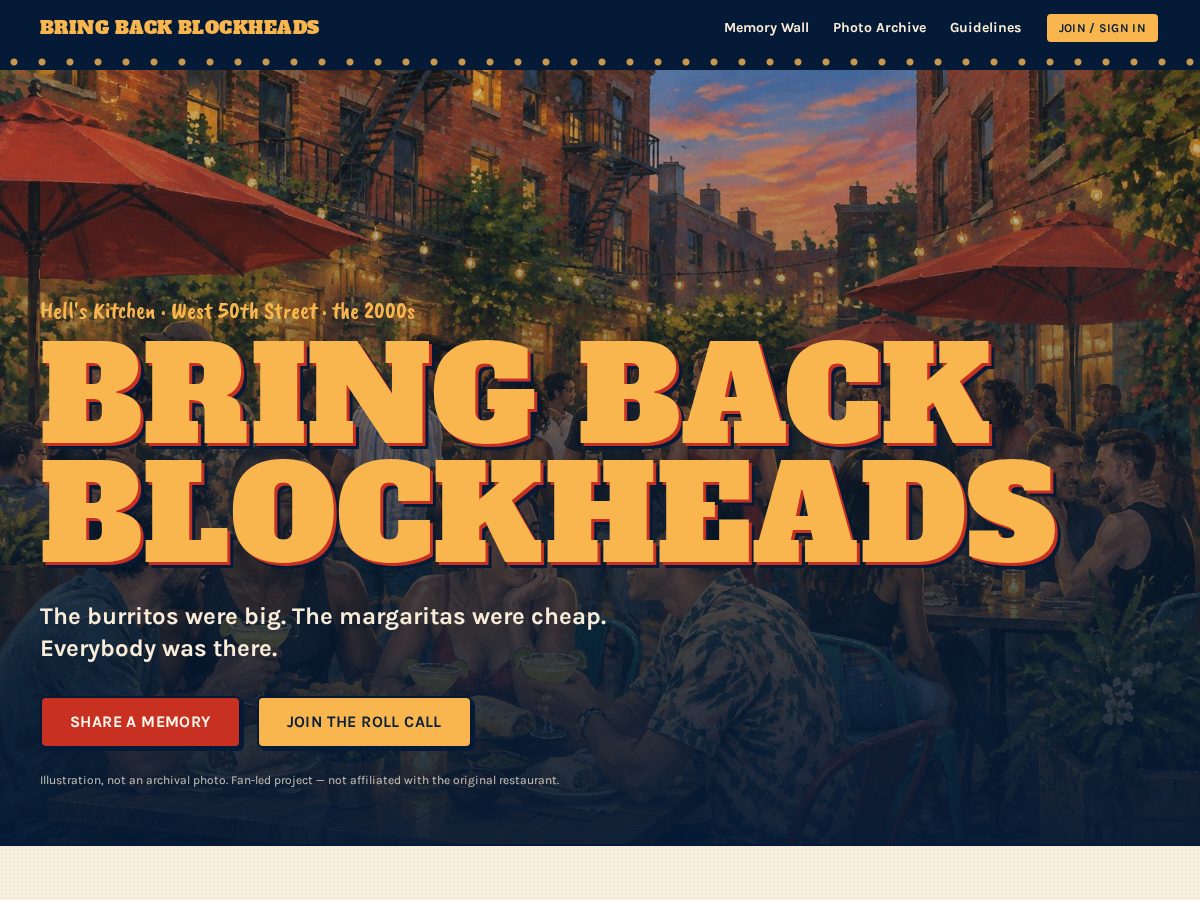 Landing-page snapshot of bringbackblockheads.com