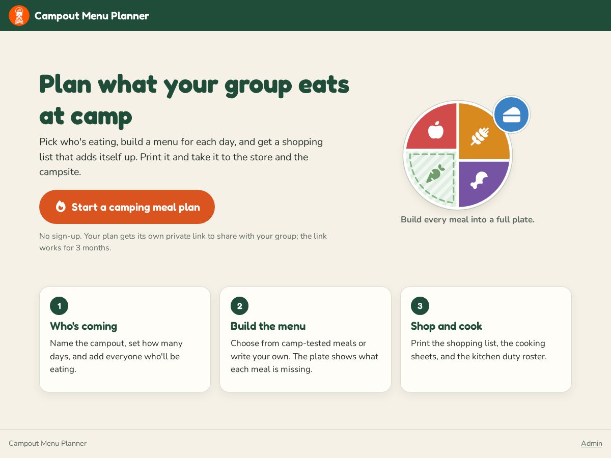 Landing-page snapshot of campoutmenu.com