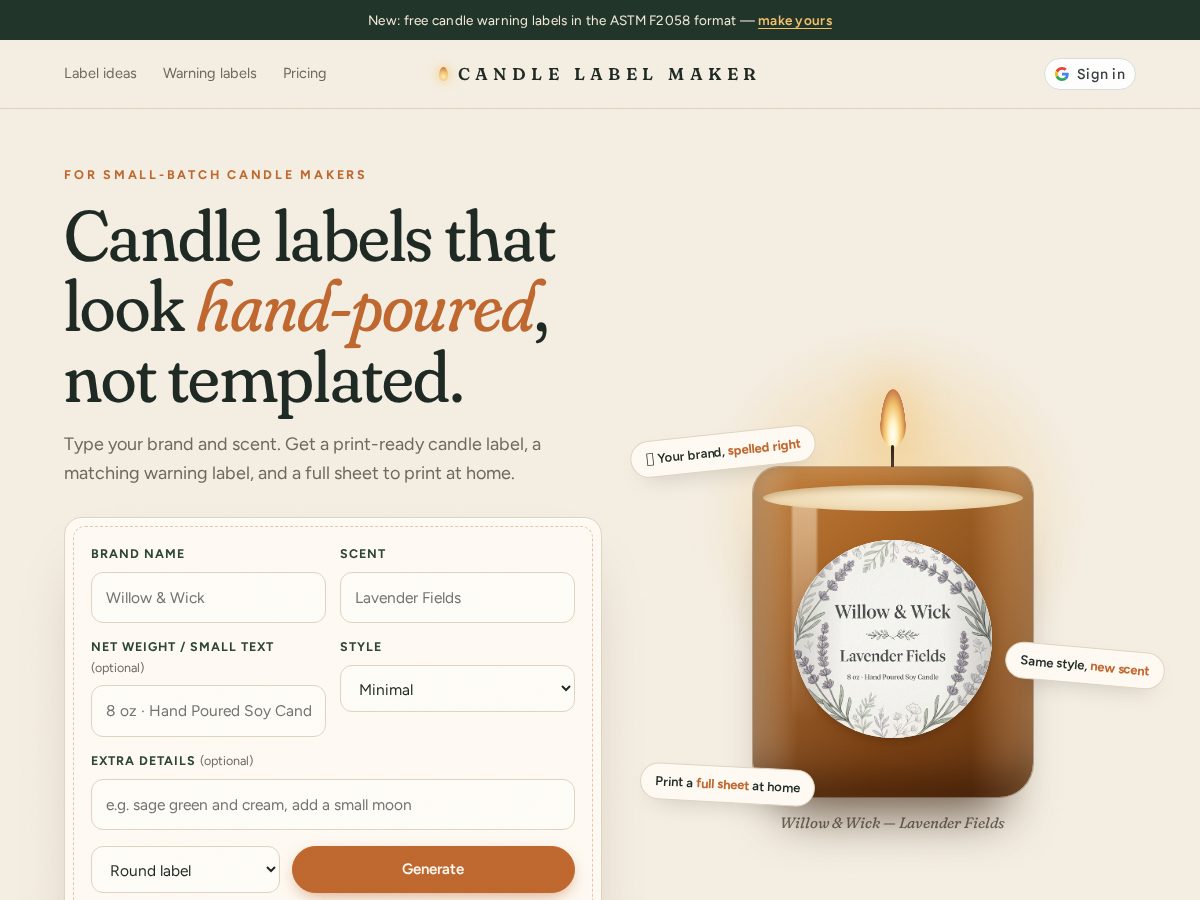 Landing-page snapshot of candlelabelmaker.com