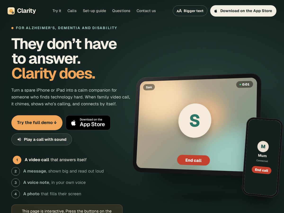 Landing-page snapshot of claritycallsapp.com