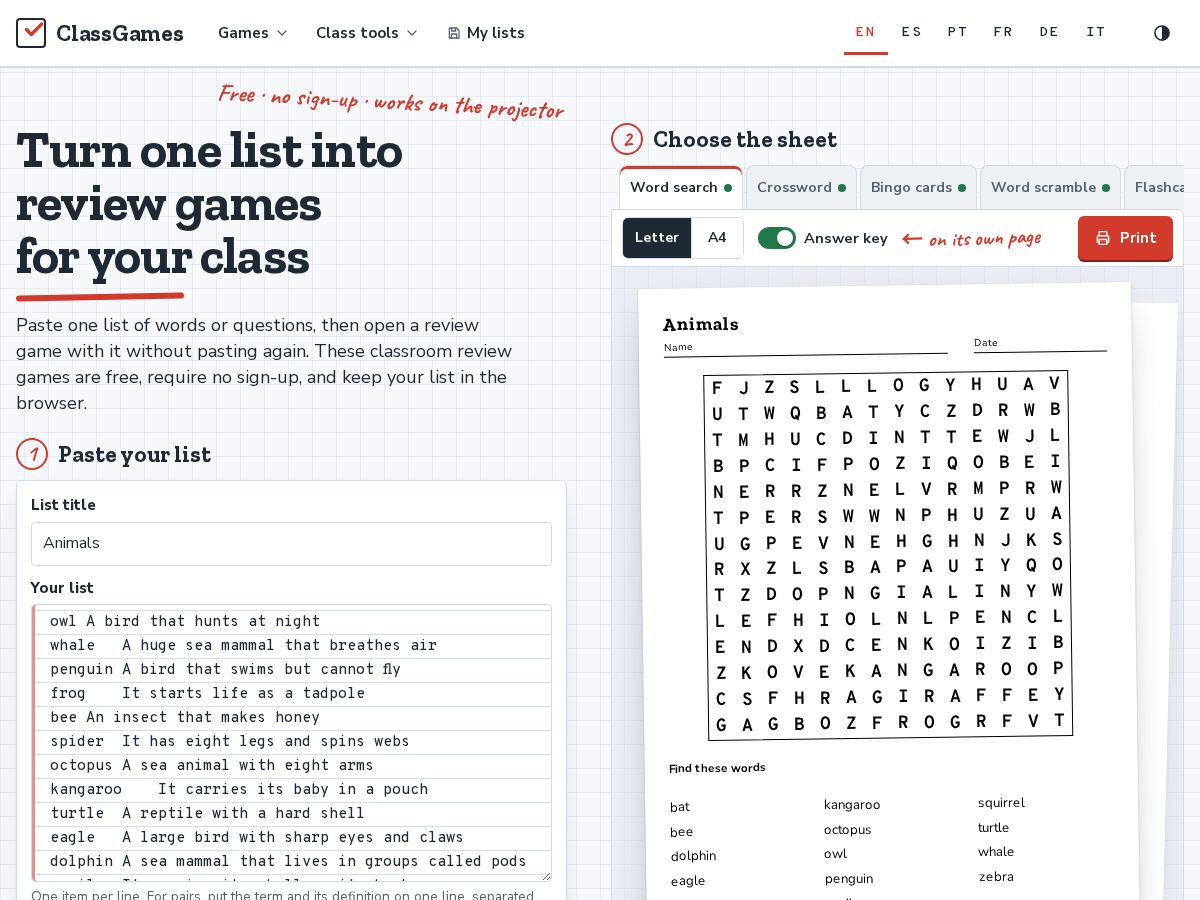 Landing-page snapshot of classgames.study