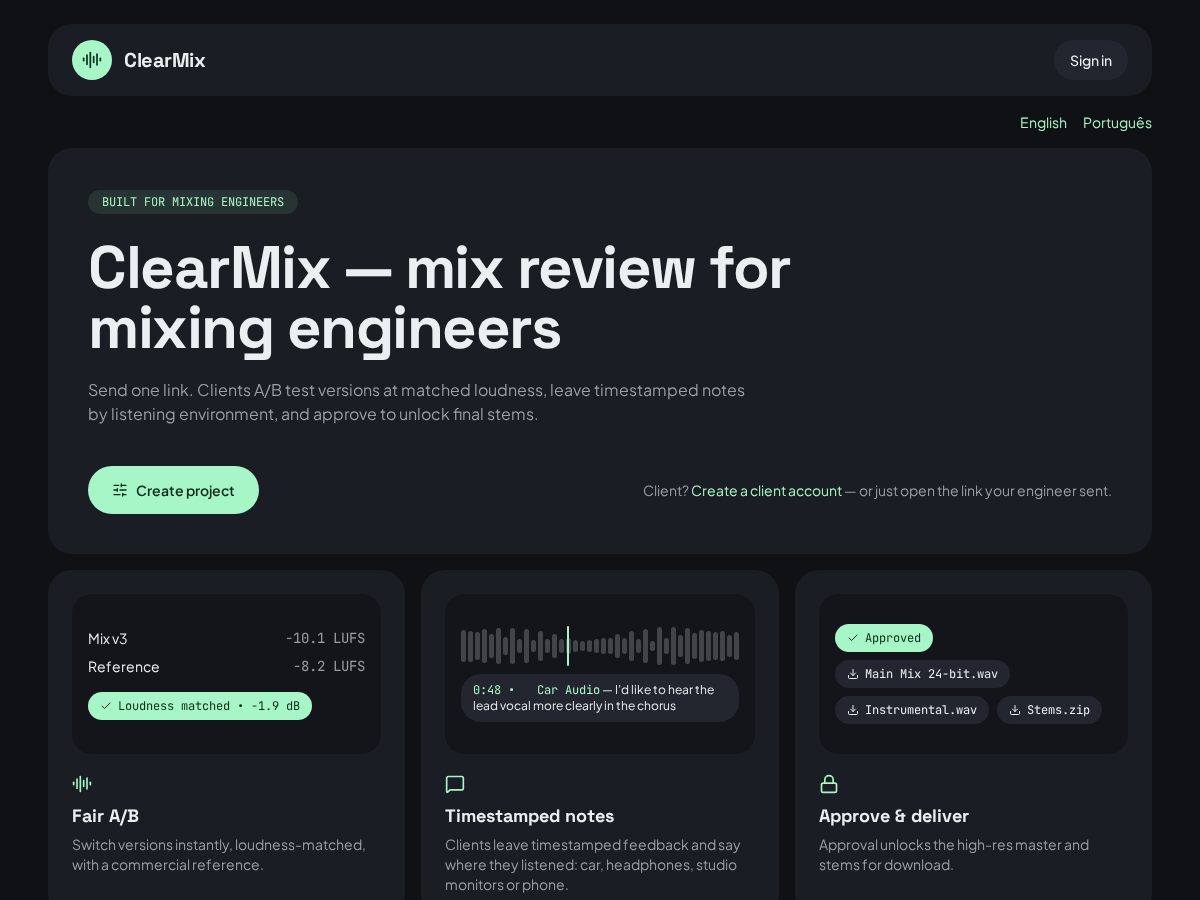 Landing-page snapshot of clearmix.cloud