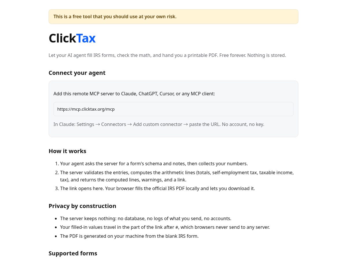 Landing-page snapshot of clicktax.org