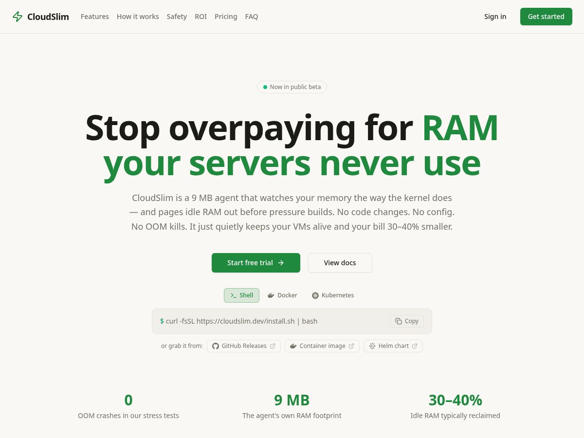 Landing-page snapshot of cloudslim.dev