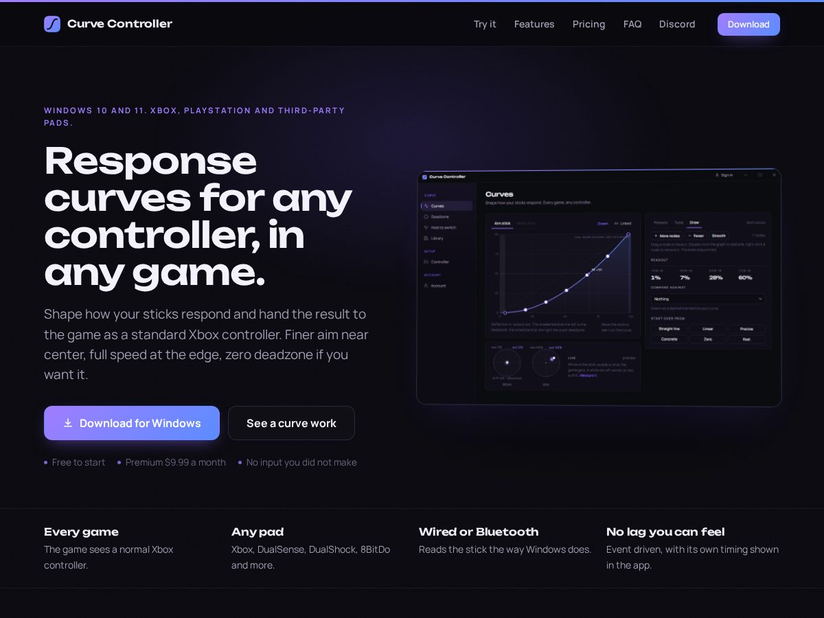 Landing-page snapshot of curvecontroller.com