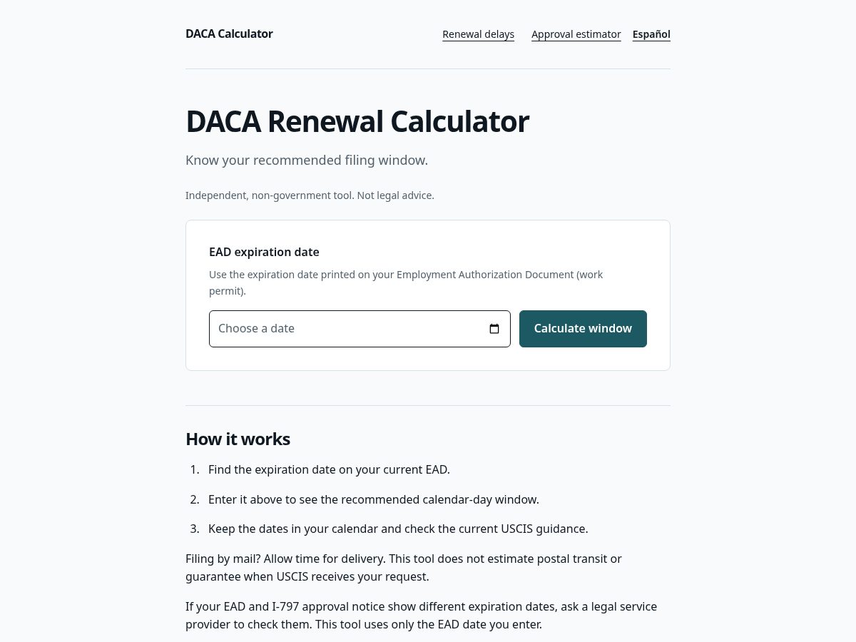 Landing-page snapshot of dacacalculator.com