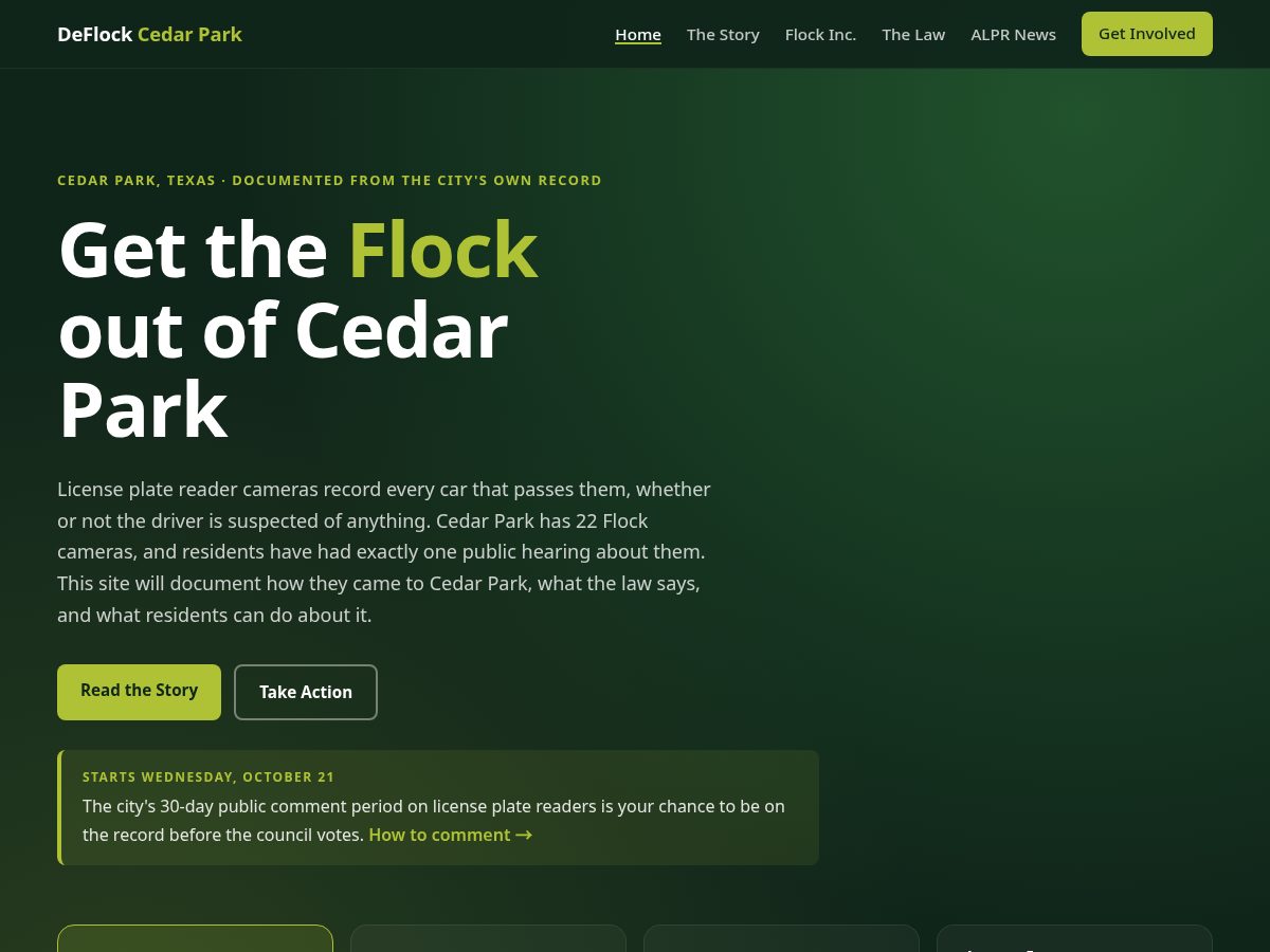 Landing-page snapshot of deflock-cedarpark.org