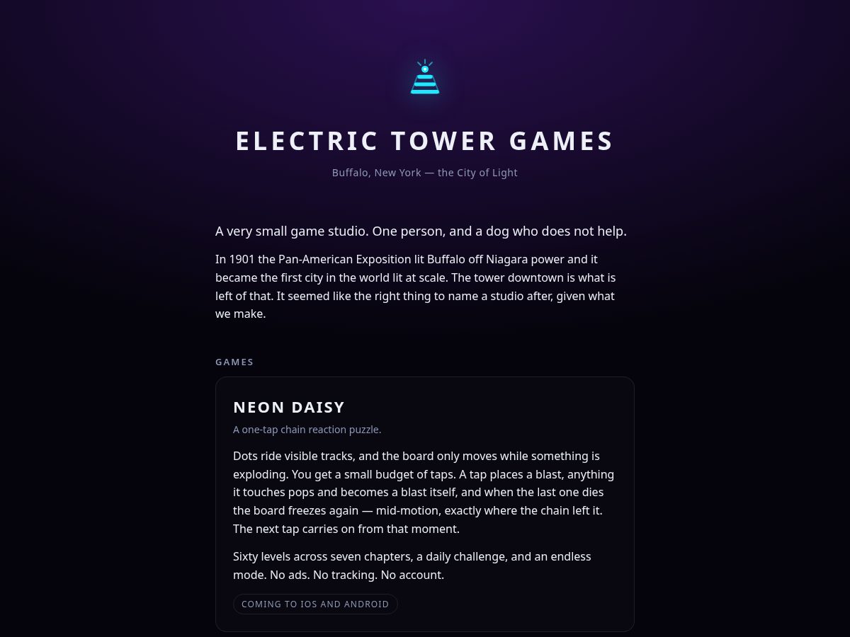 Landing-page snapshot of electrictowergames.com