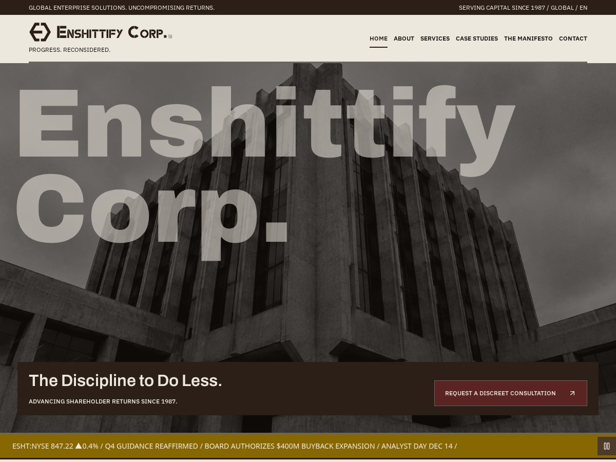 Landing-page snapshot of enshittifycorp.com