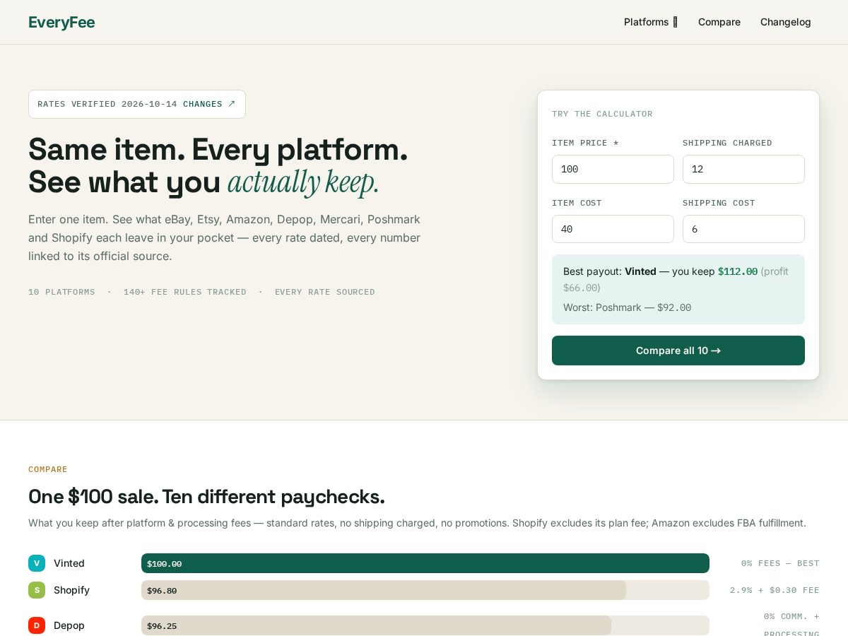 Landing-page snapshot of everyfee.com