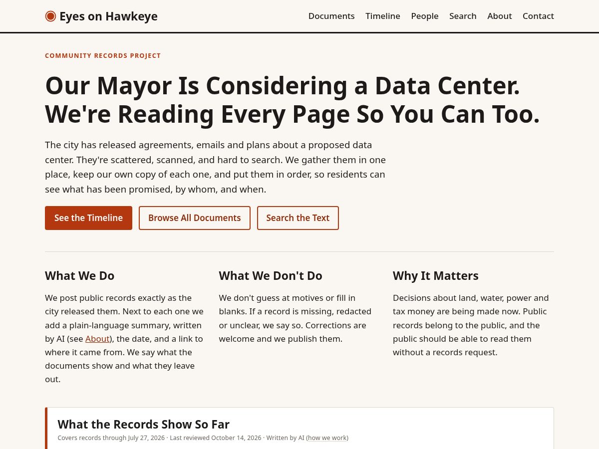 Landing-page snapshot of eyesonhawkeye.com