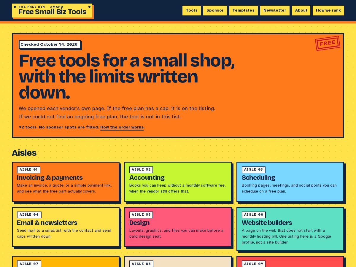Landing-page snapshot of freesmallbiztools.com