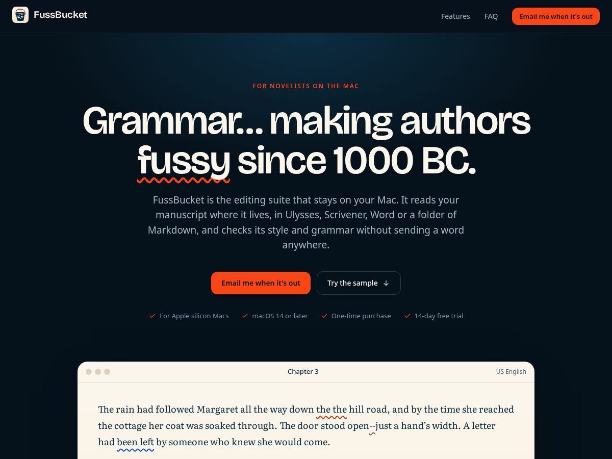 Landing-page snapshot of fussbucket.app