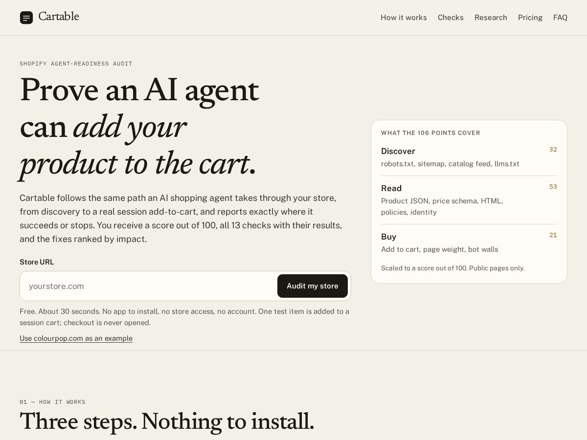 Landing-page snapshot of getcartable.com