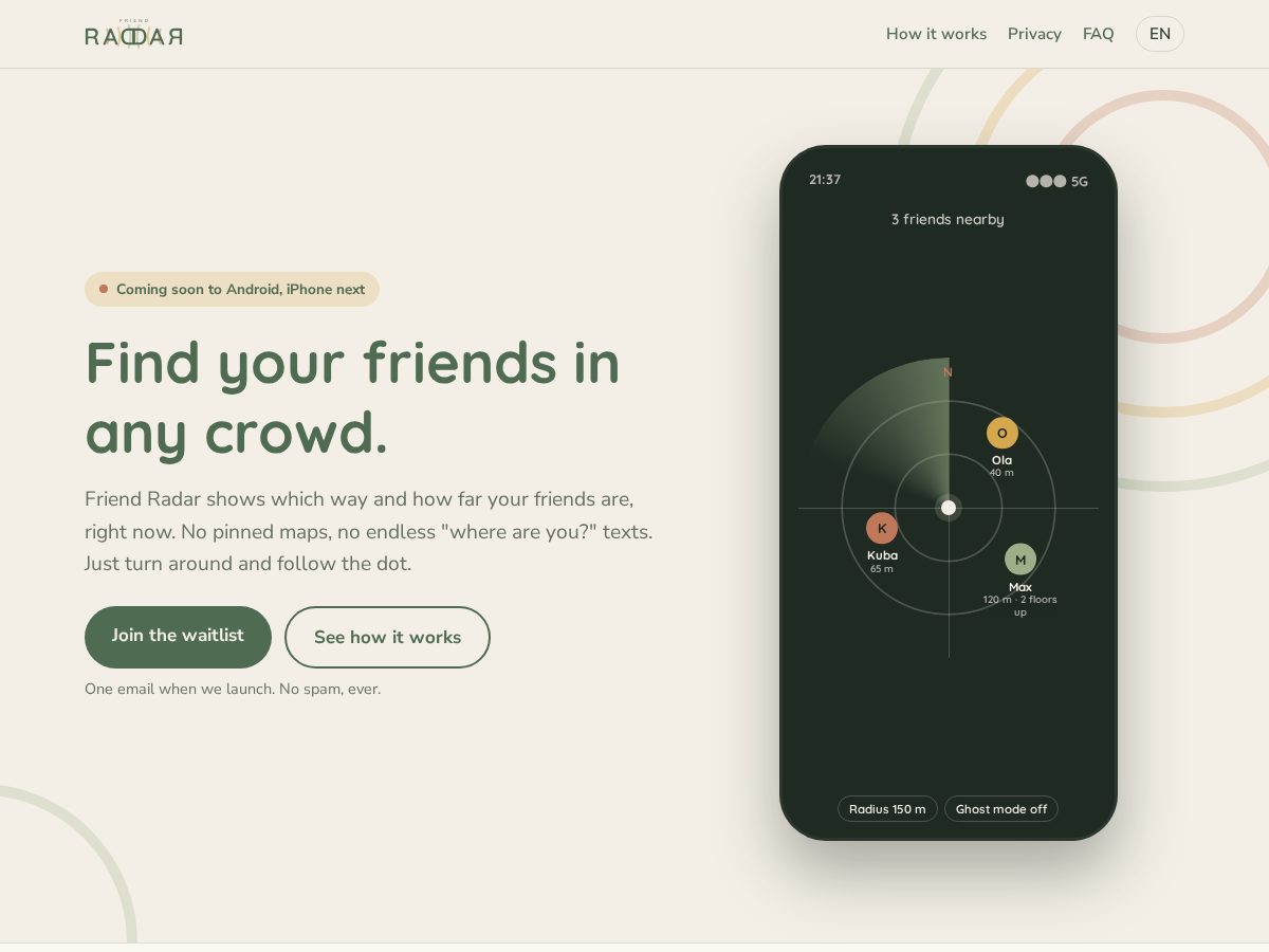 Landing-page snapshot of getfriendradar.com